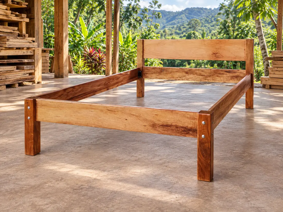 Cama de madera con cabecero de listones